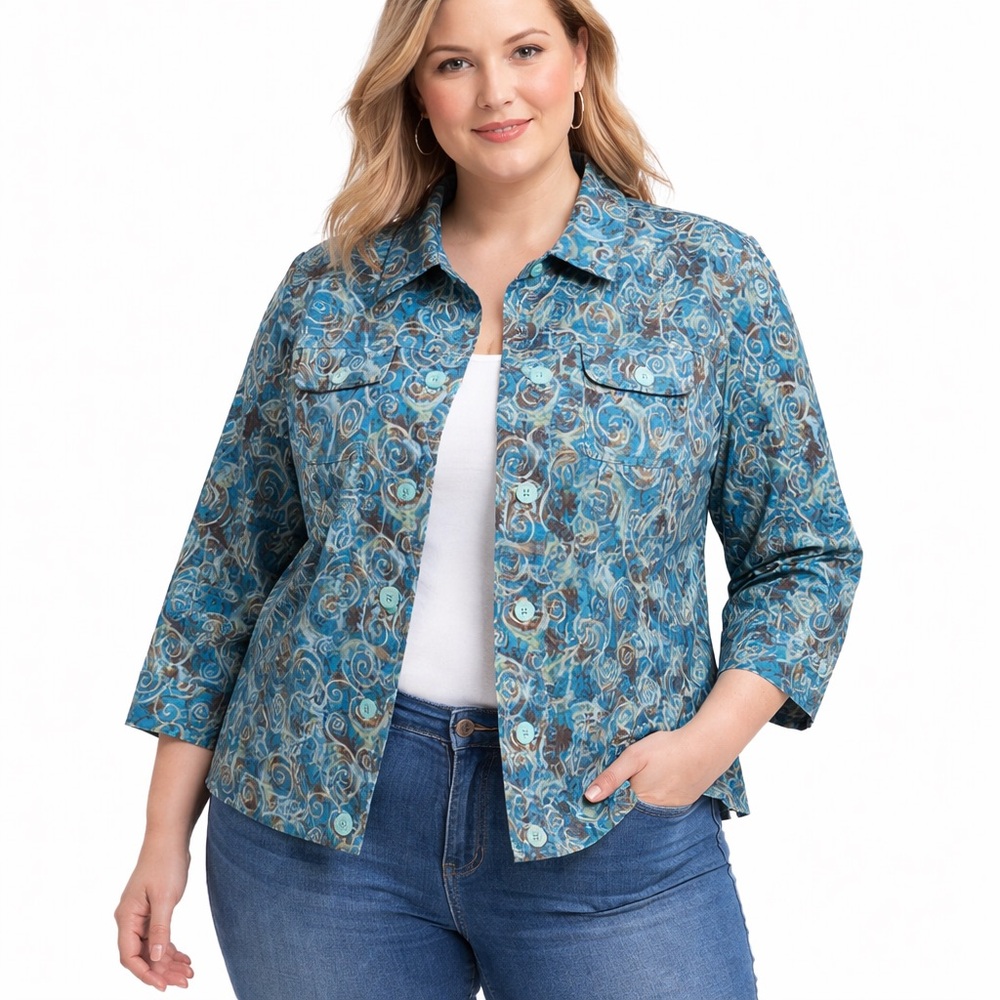 CJ Banks Blue Swirl Print Stretch Button Front Jacket Top Size 1X